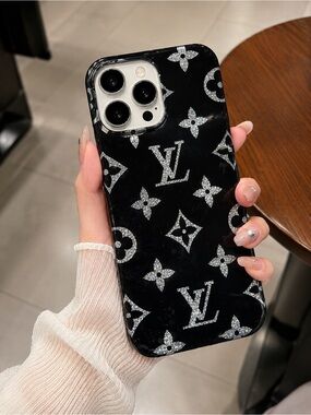 Louis Vuitton Black Phone Case with Silver Glitter Monogram